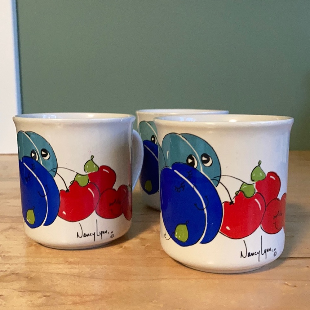 3 Vintage Nancy Lynn Mugs Groovy Plum & Cherry
